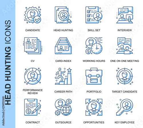 Thin Line Head Hunting Related Vector Icons Set for Website and Mobile Site and Apps. Outline icons design. Contains such Icons as Candidate, CV, Card Index, Outsource and more. Linear Pictogram Pack.