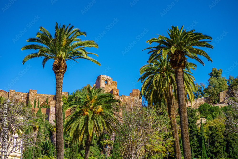 La Alcazaba - Medieval Moorish fortified castle Mediterranean coast Almeria Southern Spain Europe Málaga with palm trees and blue sky