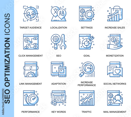 Thin Line SEO Related Vector Icons Set for Website and Mobile Site and Apps. Outline icons design. Contains such Icons as Localization, Traffic, Performance Tracking and more. Linear Pictogram Pack.