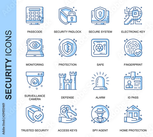 Thin Line Security Related Vector Icons Set for Website and Mobile Site and Apps. Outline icons design. Contains such Icons as Surveillance Camera, Fingerprint, ID and more. Linear Pictogram Pack.