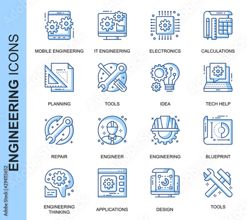 Thin Line Engineering Related Vector Icons Set for Website and Mobile Site and Apps. Outline icons design. Contains such Icons as Calculations, Engineer, App Design and more. Linear Pictogram Pack.