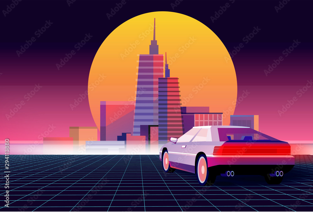 Naklejka Retro future. 80s style sci-fi background with supercar. Futuristic retro car. Vector retro futuristic synth illustration in 1980s posters style. Suitable for any print design in 80s style