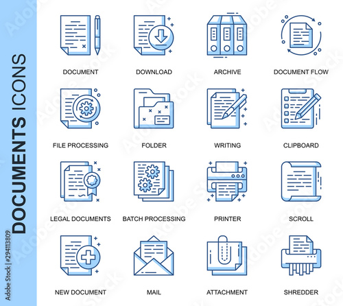 Thin Line Document Related Vector Icons Set for Website and Mobile Site and Apps. Outline icons design. Contains such Icons as Batch Processing, Legal Documents and more. Linear Pictogram Pack.