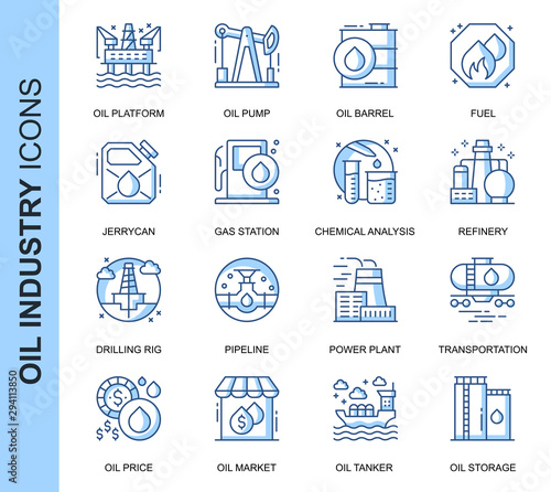 Thin Line Oil Industry Related Vector Icons Set for Website and Mobile Site and Apps. Outline icons design. Contains such Icons as Oil Tanker, Fuel, Gas Station and more. Linear Pictogram Pack.