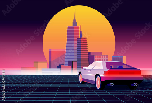 Retro future. 80s style sci-fi background with supercar. Futuristic retro car. Vector retro futuristic synth illustration in 1980s posters style. Suitable for any print design in 80s style