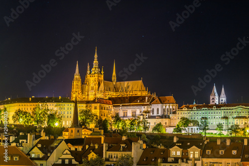 Night View of Prague castle, the largest coherent castle complex in the world, on Vltava river in Prague, Czech.
