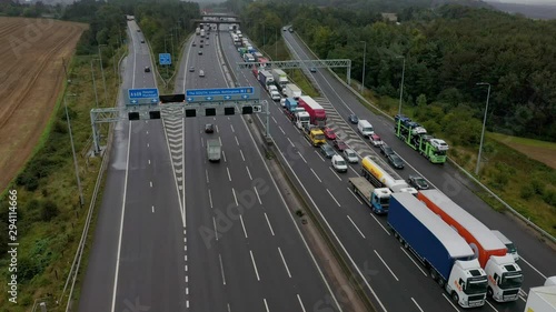 Still aerial shot major traffic jam in opposing lane highway expressway congestion air pollution climate change UK Europe photo