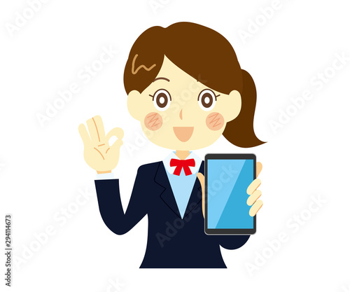 スマートフォンを提案する女性、女子高生2