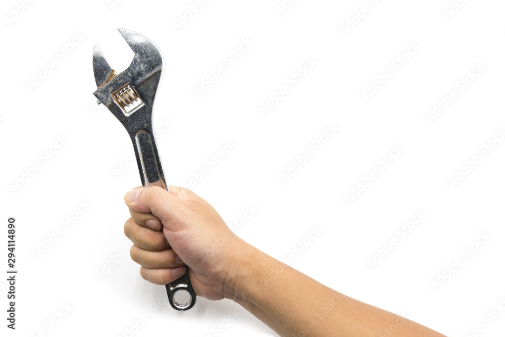 Hand hold an adjustable width metal silver wrench isolated on white background Hand hold an adjustable width metal silver wrench isolated on white background