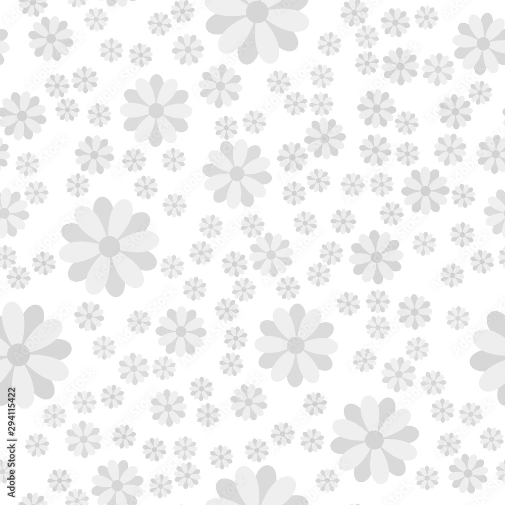 Seamless background made of light gray floral shapes of different sizes placed chaotic on white background