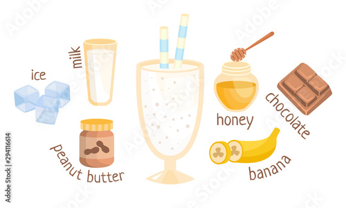 Recipe for a milk cocktail with chocolate. Vector illustration.