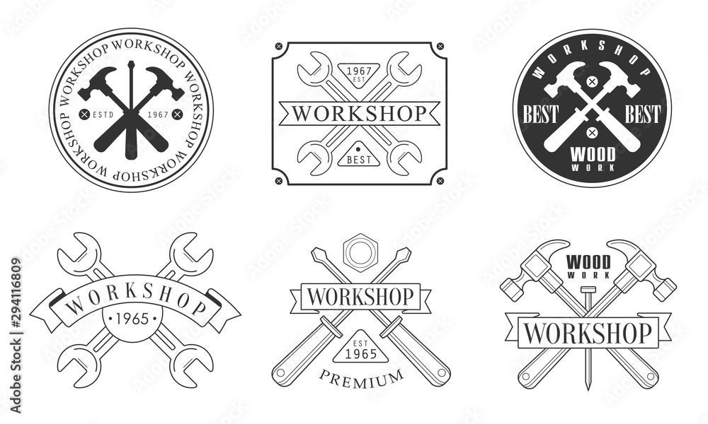 Set of black and white logos for the workshop. Vector illustration. Set of black and white logos for the workshop. Vector illustration.