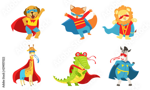 Cute animals dressed as superheroes. Vector illustration.