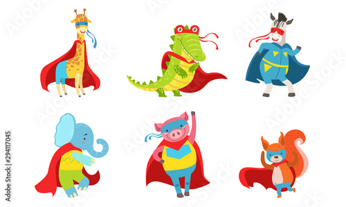 Cartoon animals in costumes of superheroes. Vector illustration.