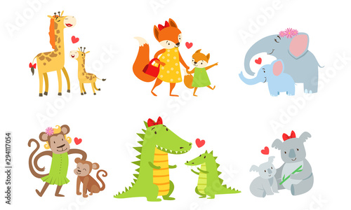 Cute animals couple mom and baby. Vector illustration.