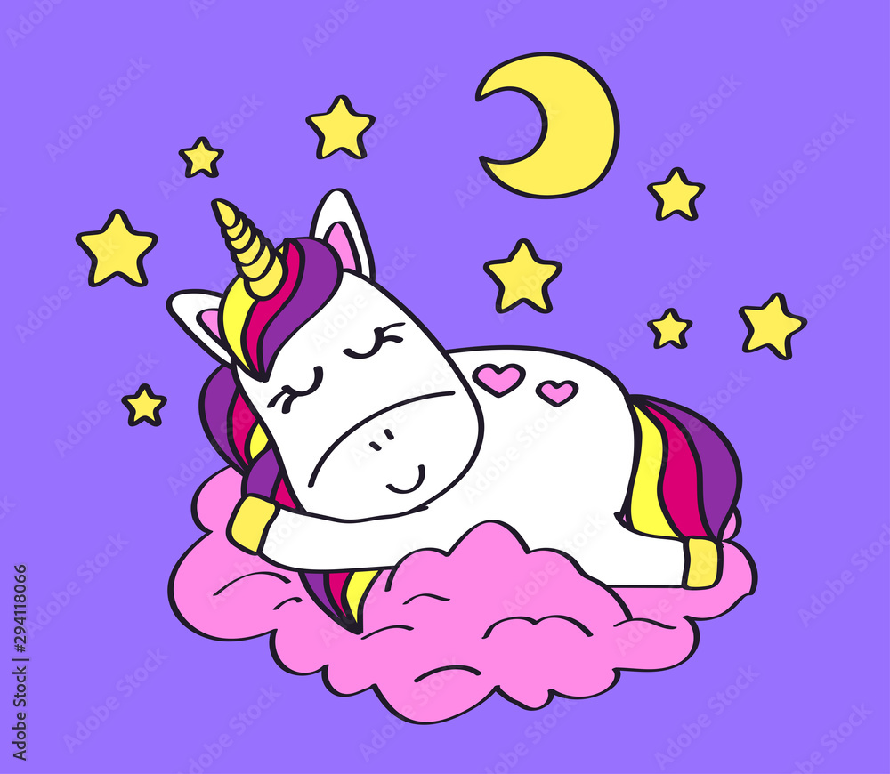 Cute unicorn is sleeping on a pink cloud background. Vector illustration. Cute unicorn is sleeping on a pink cloud background. Vector illustration.