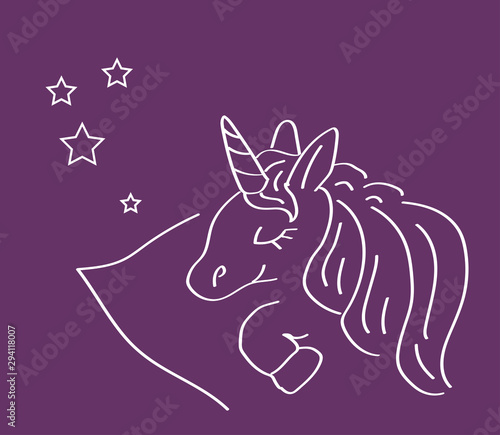 Cute unicorn sleeps under the stars. Vector illustration. 