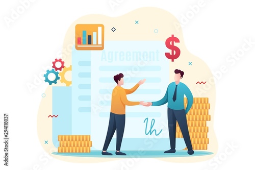 Concept of creating a financial agreement, partners conclude an agreement. Flat 2D character. Concept for web design