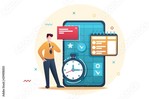 Young entrepreneur plans the time for business, fills the calendar for the month. Flat 2D character. Concept for web design