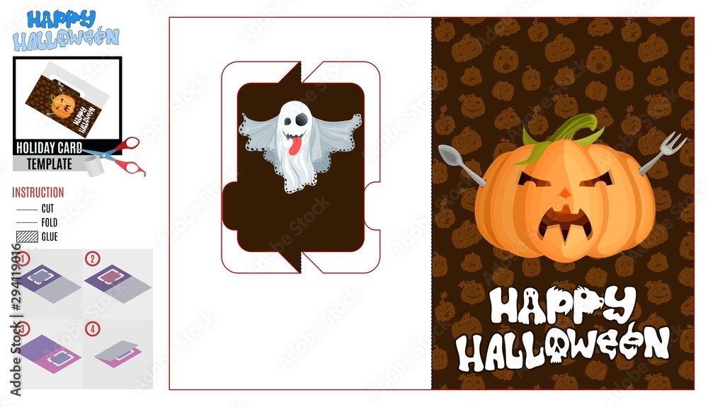 Fototapeta premium greeting card cut halloween pumpkin and food