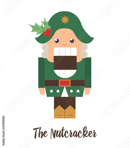 Vector Nutcracker with holly on his hat. Cute winter fairytale illustration isolated on white background. Funny flat style character for Christmas, New Year or winter design.