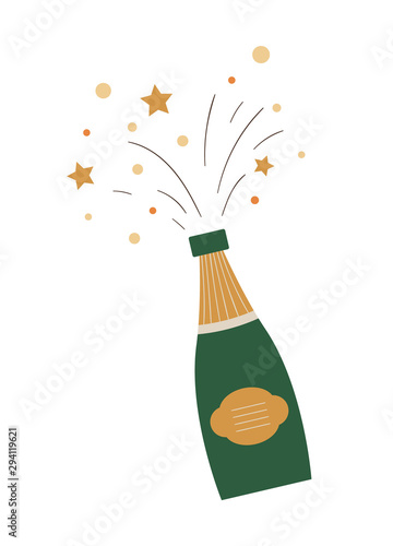 Vector opened champagne with bursts and splashes isolated on white background. Cute funny illustration of new year symbol. Christmas flat style picture of traditional fizzy drink