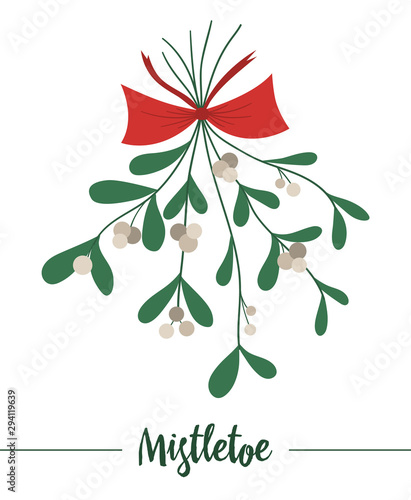 Vector mistletoe with red bow hung upside down isolated on white background. Cute funny illustration of new year symbol. Christmas flat style traditional plant picture for decorations or design..