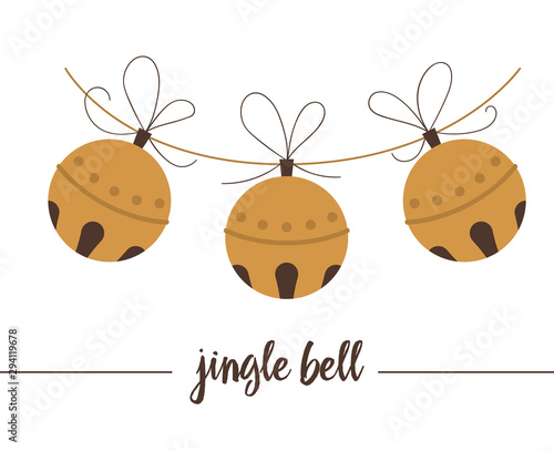 Vector golden jingle bells isolated on white background. Cute funny illustration of new year symbol. Christmas flat style traditional picture for decorations or design..