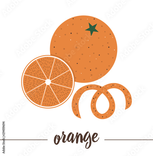 Vector orange with slice and rind isolated on white background. Cute funny illustration of new year symbol. Christmas flat style traditional fruit picture for decorations or design..