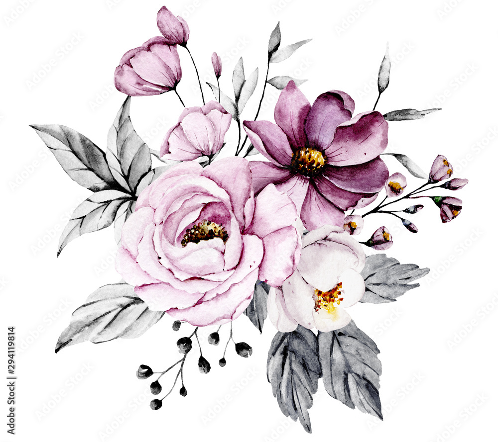 Pink and grey flowers, leaves watercolor floral clip art. Bouquet perfectly for printing design ...