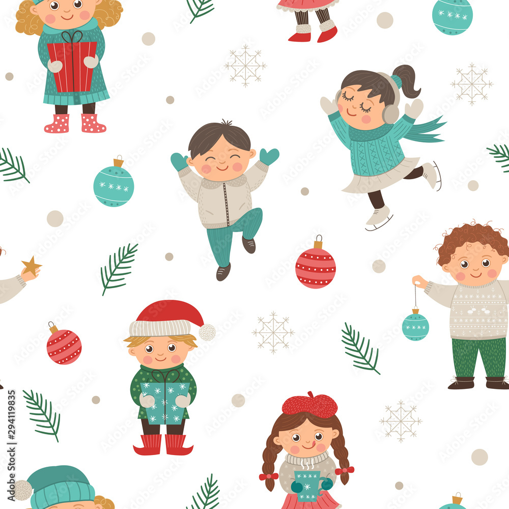 Fototapeta premium Vector seamless pattern with funny children in different poses with Christmas decor. Cute funny repeat background of new year symbols. Christmas flat style picture for decorations or design..
