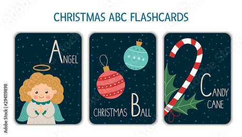 Colorful alphabet letters A, B, C. Phonics flashcard. Cute Christmas themed ABC cards for teaching reading with funny angel, Christmas ball, candy cane. New Year festive activity..