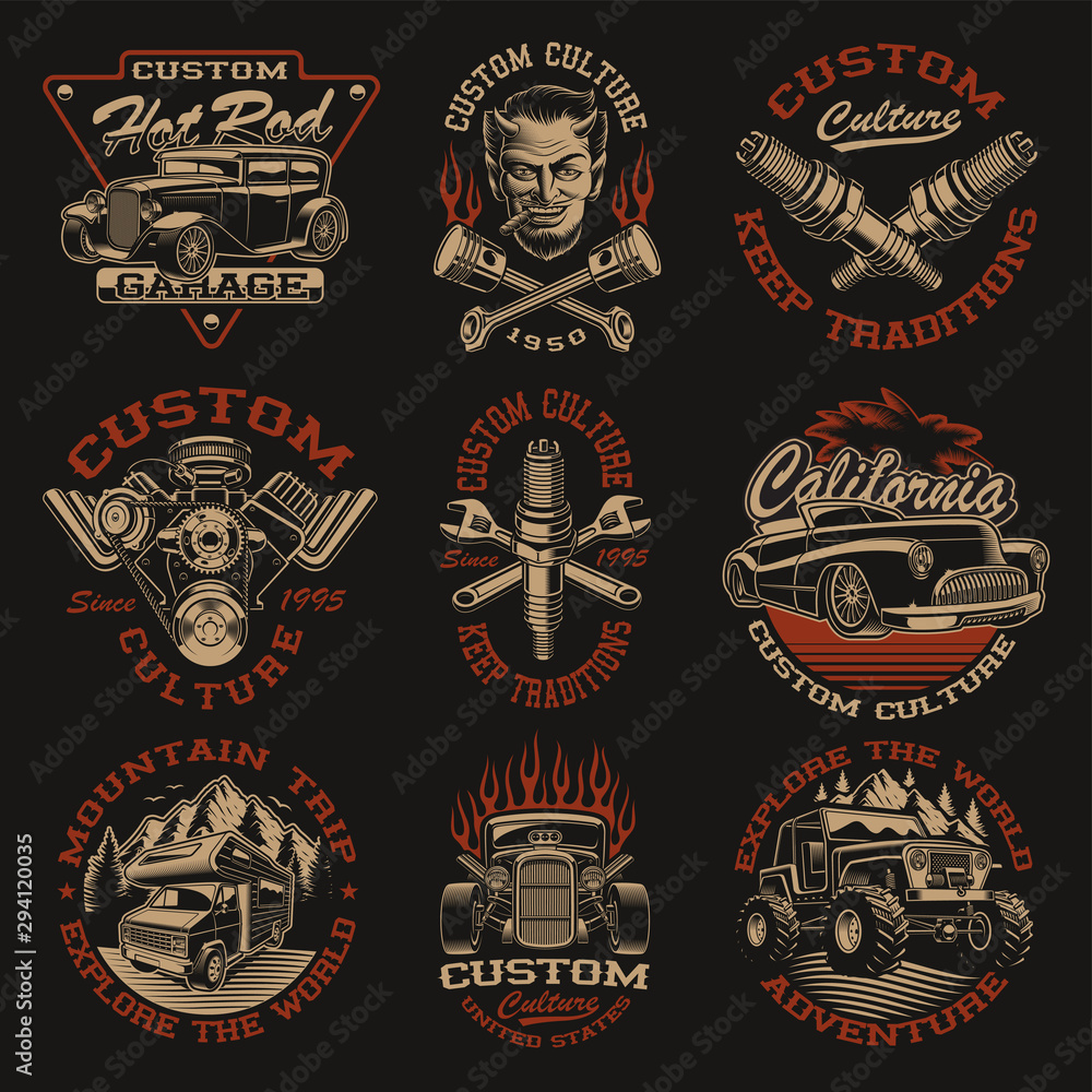 Set of vector designs in vintage style for transportation theme