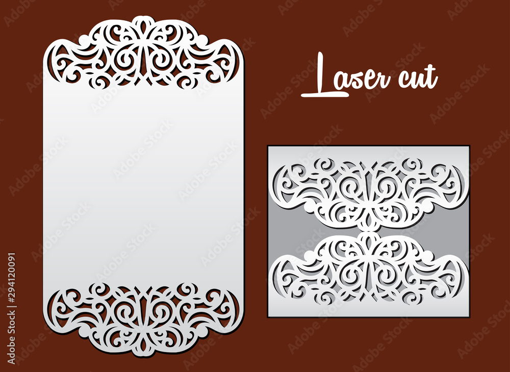 Wedding invitation with lace border. Laser cut template for party. Pocket envelope for greeting card with abstract floral ornament. Vector cutting stationery. Openwork silhouette with pattern. Wedding invitation with lace border. Laser cut template for party. Pocket envelope for greeting card with abstract floral ornament. Vector cutting stationery. Openwork silhouette with pattern.