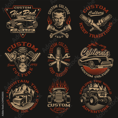 Set of vector designs in vintage style for transportation theme