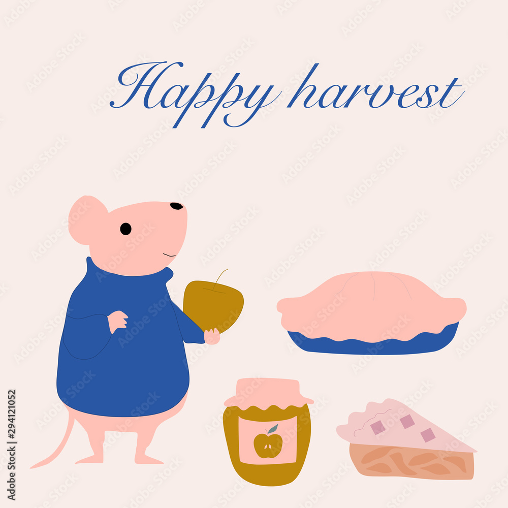 Apple happy harvest and cute mouse, vector illustration Apple happy harvest and cute mouse, vector illustration