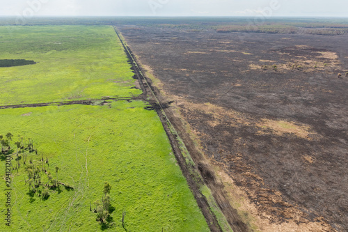 Aerial view of the effect of fire on pastoral and - one burnt paddock and one unburnt