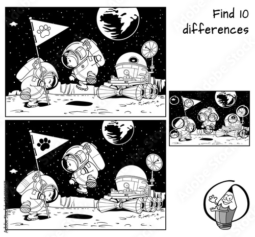 Funny cats astronauts, flag and moonrover. Find 10 differences. Educational matching game for children. Black and white cartoon vector illustration