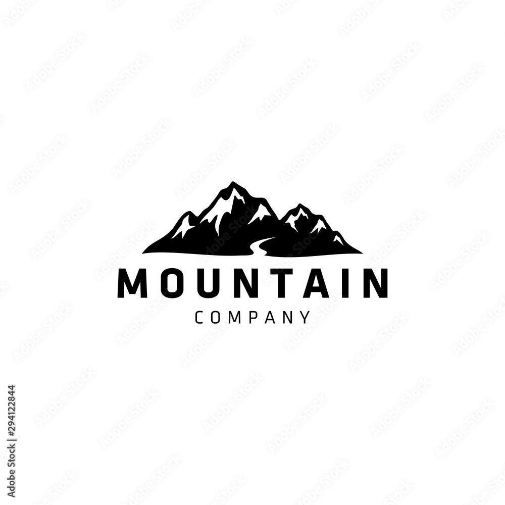 Illustration of  Rocky Mountain, Creek River Mount Peak Hill Nature Landscape  logo design.