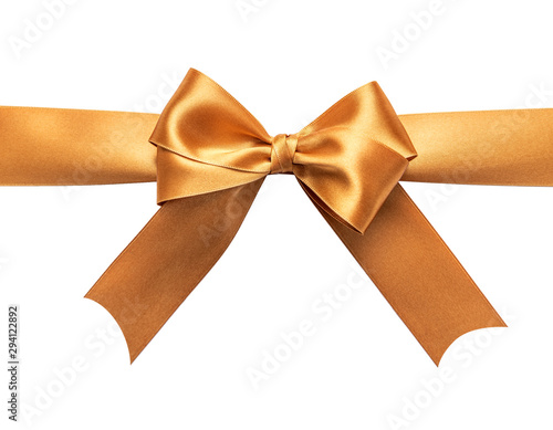 A golden ribbon with a bow on a white.