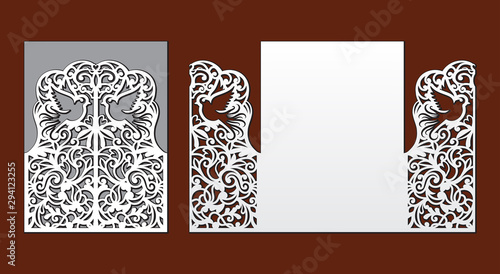 Wedding invitation with lace decor. Fairy bird in leaves and abstract floral ornament. Laser cut template for party. Envelope for greeting card. Openwork vector silhouette of fold gate for cutting.