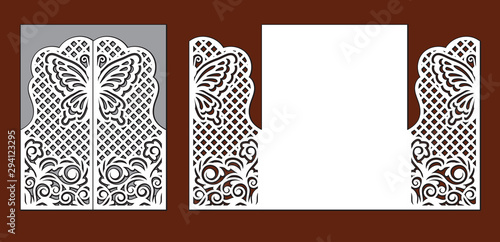 Wedding invitation with lace decoration. Fairy butterfly, floral ornate ornament and grid. Laser cut template for party. Envelope for greeting card. Openwork vector silhouette of fold gate for cutout.
