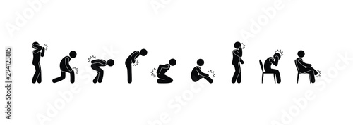 person feels pain, a set of illustrations of the symptoms of various diseases, stick figure people pictograms