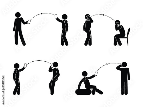 mobile data transfer, man and phone icons, people interacting and talking, calls and sms stick figure pictogram, isolated human silhouettes