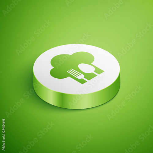 Isometric Chef hat with fork and spoon icon isolated on green background. Cooking symbol. Restaurant menu. Cooks hat. White circle button. Vector Illustration