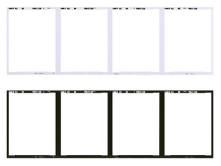 Film strip template, empty developed black and white 120 type (60mm) with 6x4.5 frames in negative and positive isolated on white background with work path.