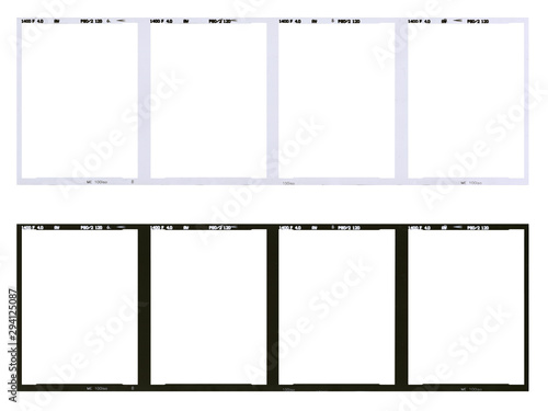 Film strip template, empty developed black and white 120 type (60mm) with 6x4.5 frames in negative and positive isolated on white background with work path.