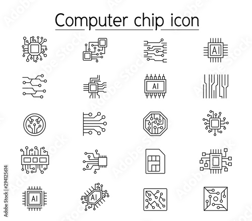 Computer chip icon set in thin line style