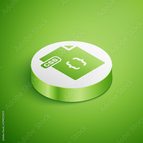 Isometric CSS file document. Download css button icon isolated on green background. CSS file symbol. White circle button. Vector Illustration