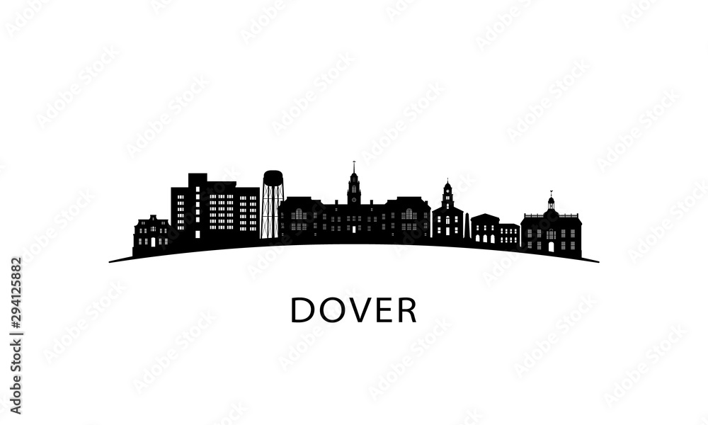 Dover city skyline. Black cityscape isolated on white background. Vector banner.